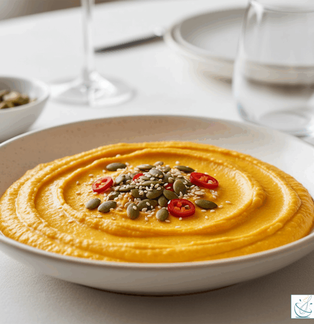 Hummus cremos de dovleac plăcintar, servit într-un bol modern, pe un blat de bucătărie