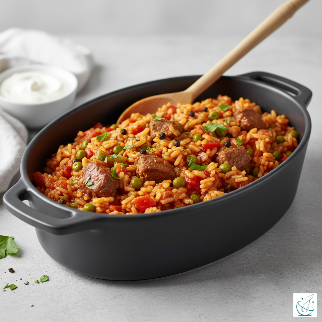 Orez sârbesc cu carne de vită, fotografiat din unghi lateral