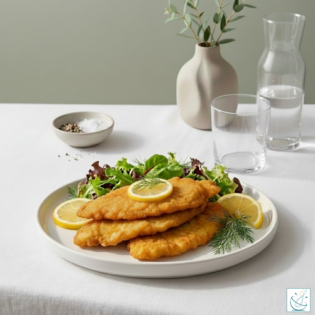 Piept de pui în crustă aurie, servit pe farfurie albă, în bucătărie modernă