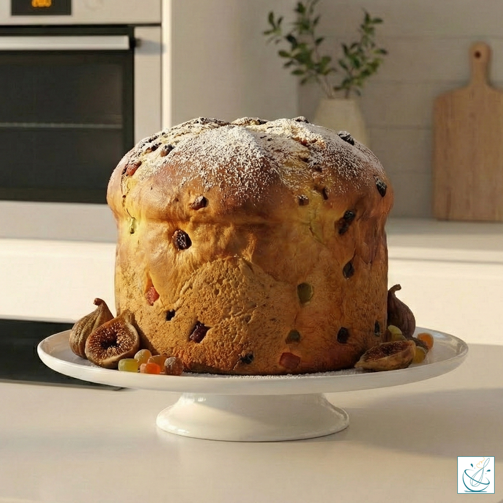 Panettone de casă pufos cu fructe confiate și smochine, așezat pe blat într-o bucătărie modernă și luminoasă