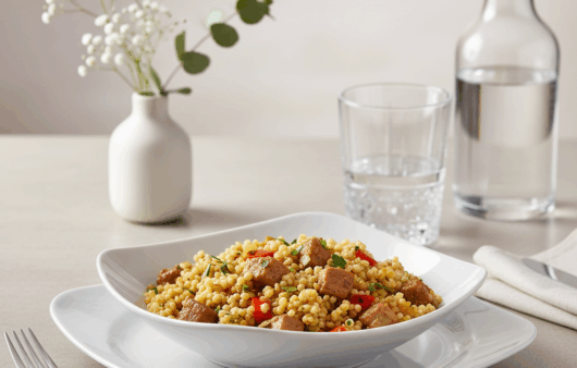Cușcuș pufos cu carne de porc și legume colorate, servit într-un bol alb modern