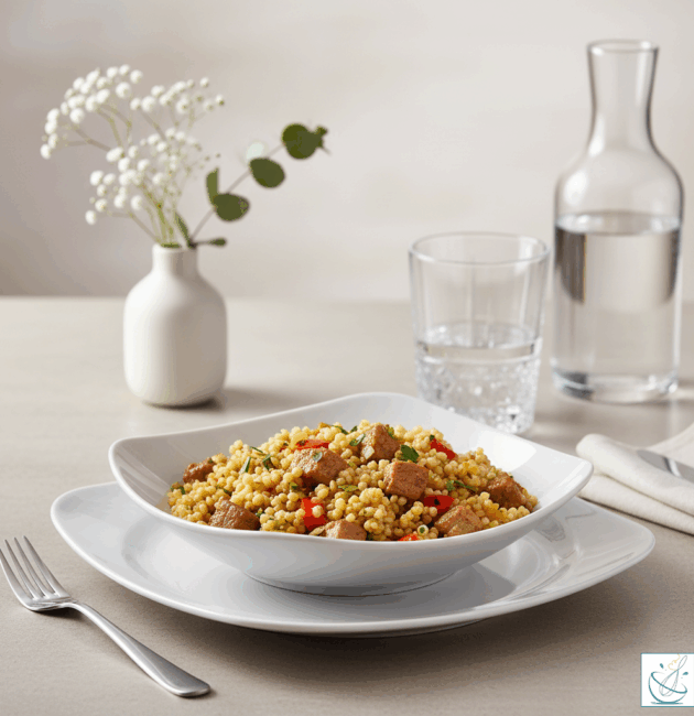 Cușcuș pufos cu carne de porc și legume colorate, servit într-un bol alb modern