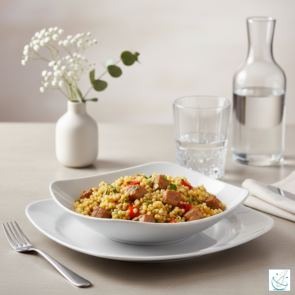 Cușcuș pufos cu carne de porc și legume colorate, servit într-un bol alb modern