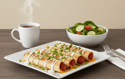Tortilla hot dog-uri rumenite, cu crenvurști și cașcaval topit, rulate strâns și presărate cu ceapă verde, servite pe un platou alb alături de o cană cu băutură caldă și o salată proaspătă.