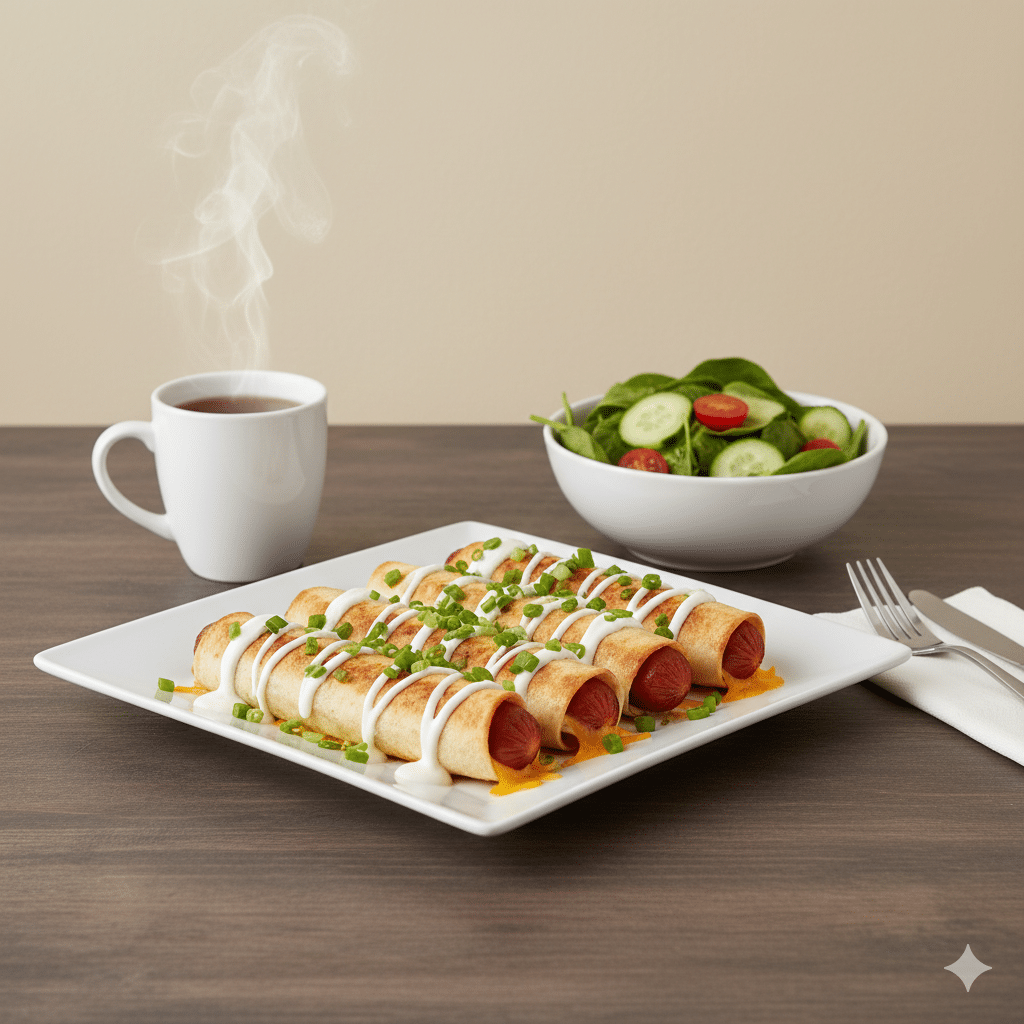 Tortilla hot dog-uri rumenite, cu crenvurști și cașcaval topit, rulate strâns și presărate cu ceapă verde, servite pe un platou alb alături de o cană cu băutură caldă și o salată proaspătă.