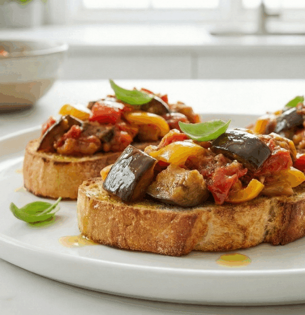 bruschetta cu caponata siciliană, servită pe felii groase de ciabatta rumenită, cu legume colorate și frunze de busuioc, în decor de bucătărie modernă și luminoasă