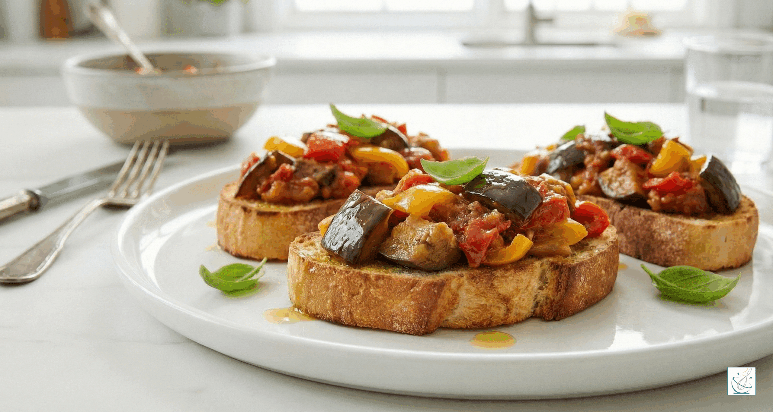 bruschetta cu caponata siciliană, servită pe felii groase de ciabatta rumenită, cu legume colorate și frunze de busuioc, în decor de bucătărie modernă și luminoasă