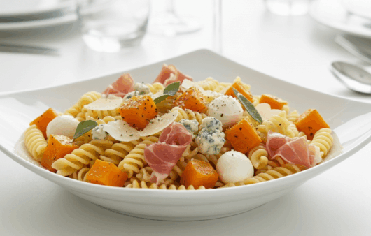 Salată de paste fusilli cu dovleac copt, mozzarella, prosciutto și brânză cu mucegai, servită într-un bol alb, pe o masă luminoasă de dining