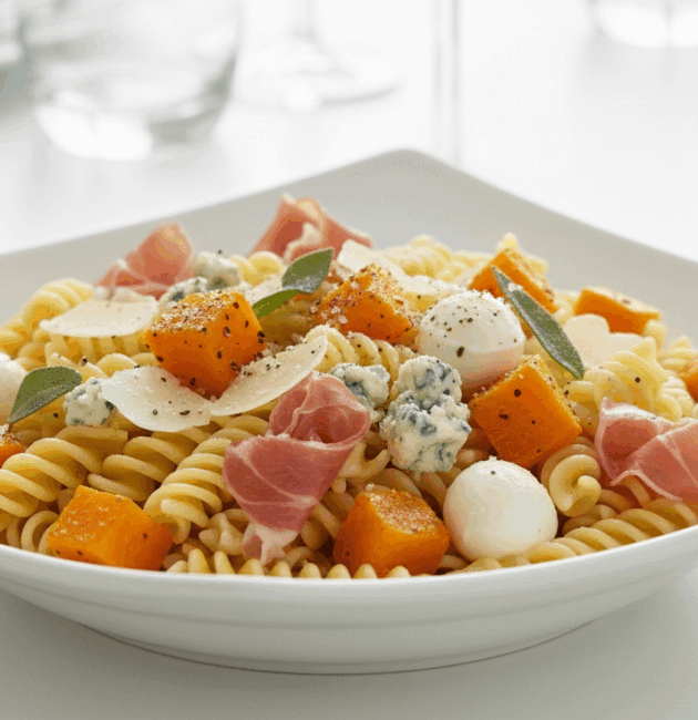 Salată de paste fusilli cu dovleac copt, mozzarella, prosciutto și brânză cu mucegai, servită într-un bol alb, pe o masă luminoasă de dining