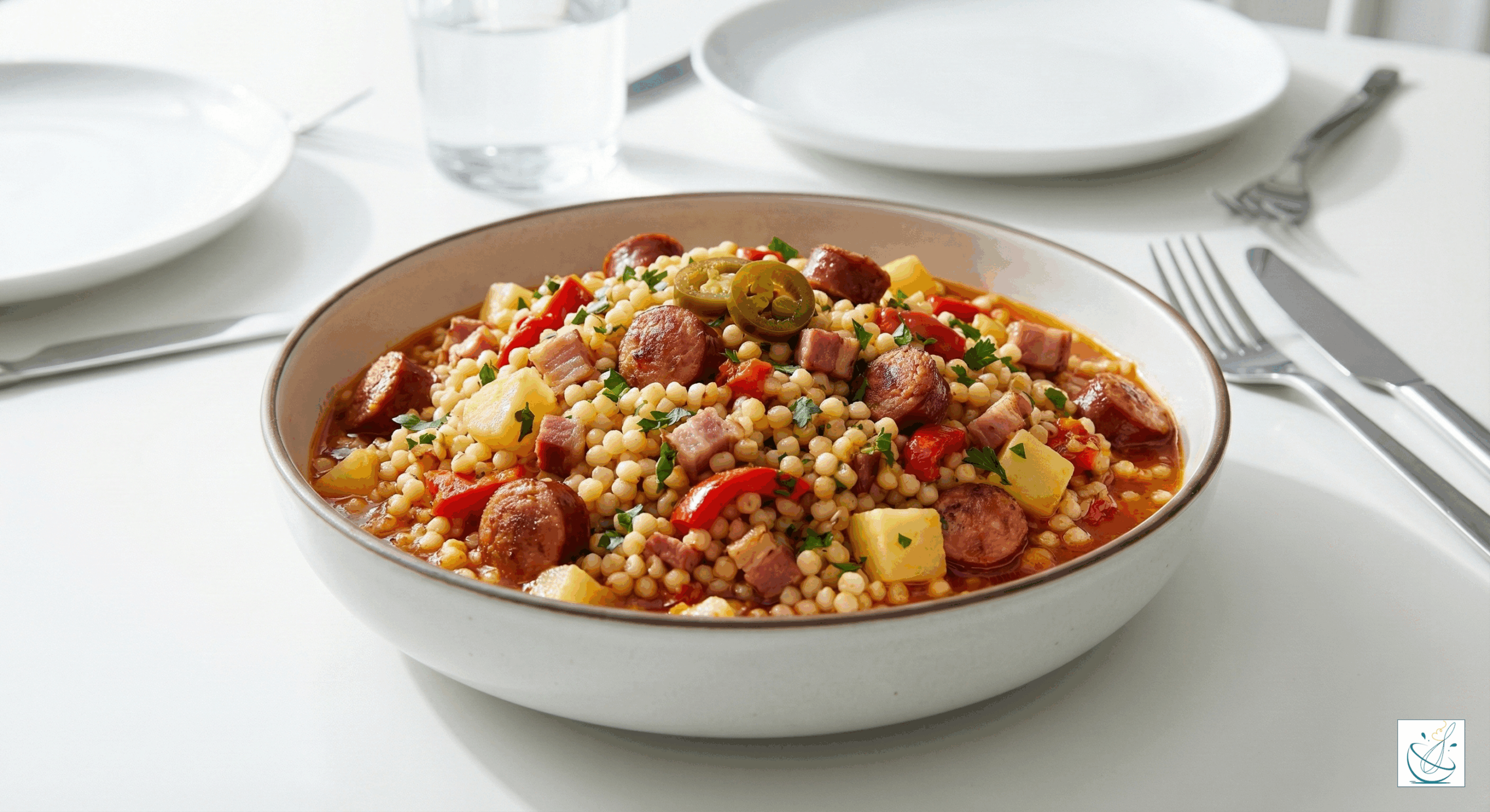 Cușcuș perlat cu cârnați, slănină, cartofi și ardei, servit într-un bol ceramic pe o masă albă luminoasă.