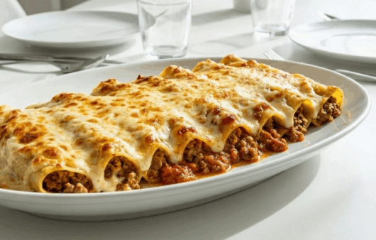 Cannelloni umpluți cu ragu de carne și acoperiți cu strat generos de brânză topită, serviți pe o farfurie albă, în decor de masă modernă