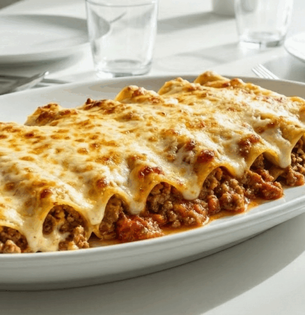 Cannelloni umpluți cu ragu de carne și acoperiți cu strat generos de brânză topită, serviți pe o farfurie albă, în decor de masă modernă