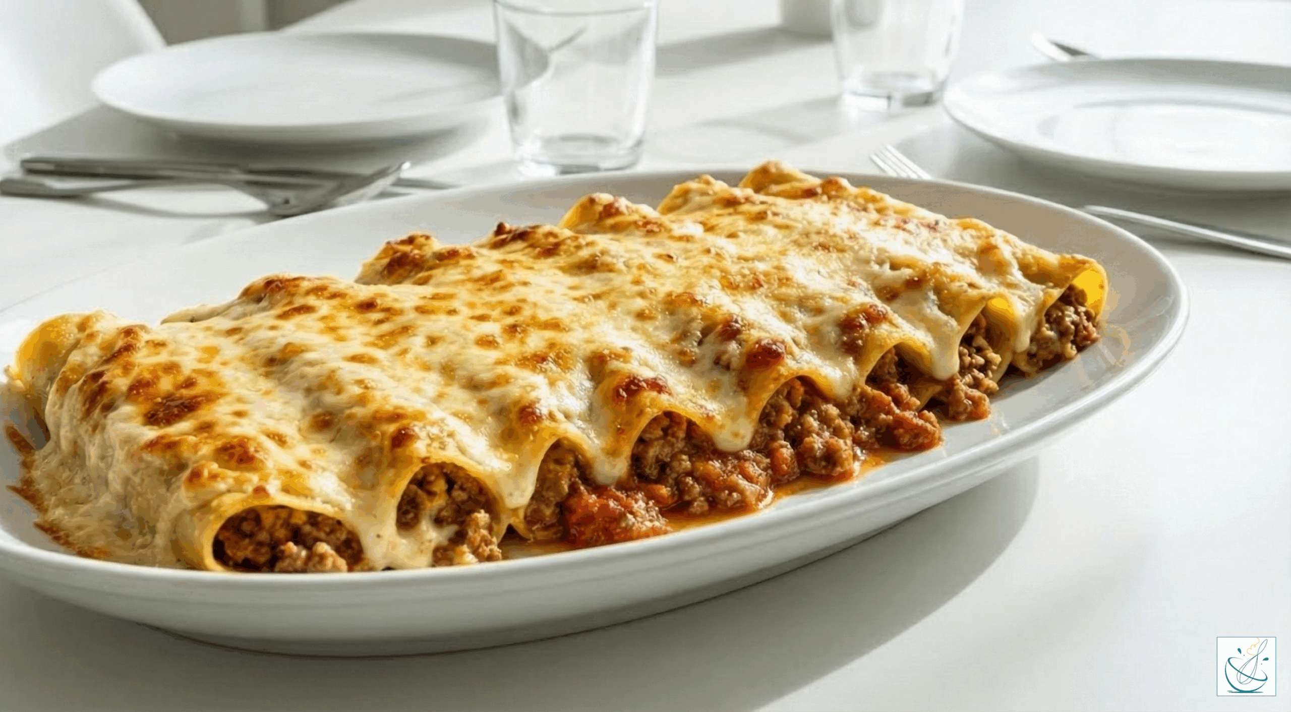 Cannelloni umpluți cu ragu de carne și acoperiți cu strat generos de brânză topită, serviți pe o farfurie albă, în decor de masă modernă