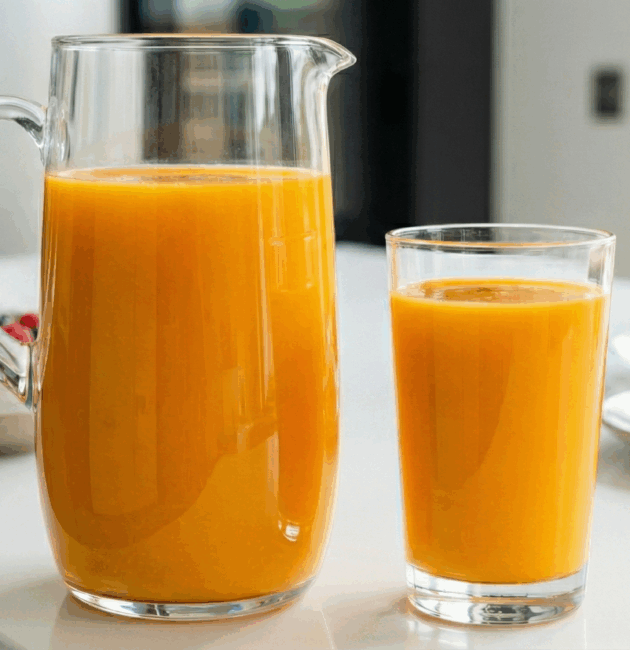 Ulcior din sticlă și pahar cu băutură multivitamină din dovleac, morcovi și portocale, pe masă de mic-dejun