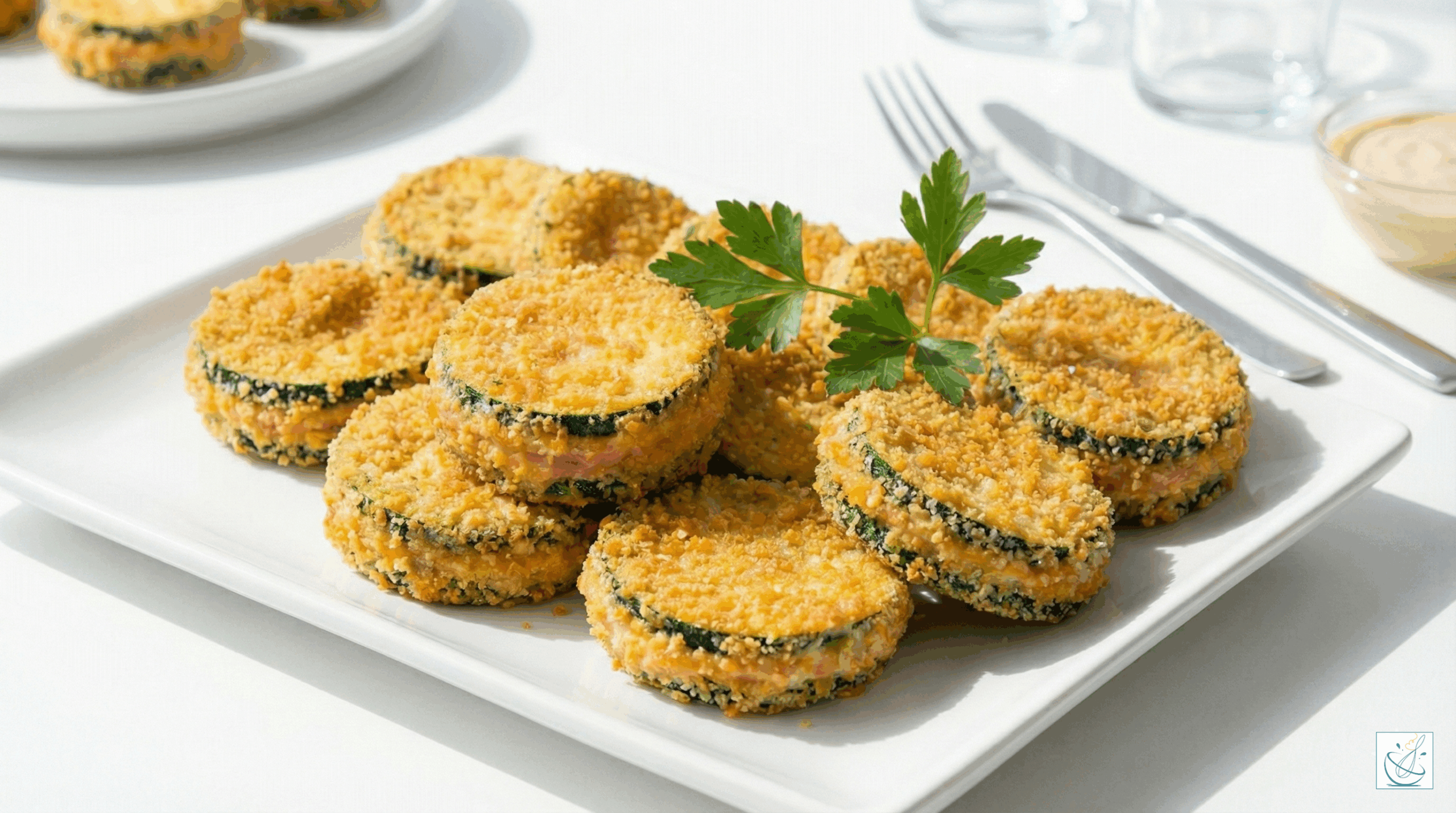 Dovlecei pane umpluți cu mozzarella și șuncă, aurii și crocanți, serviți pe farfurie albă în lumină naturală