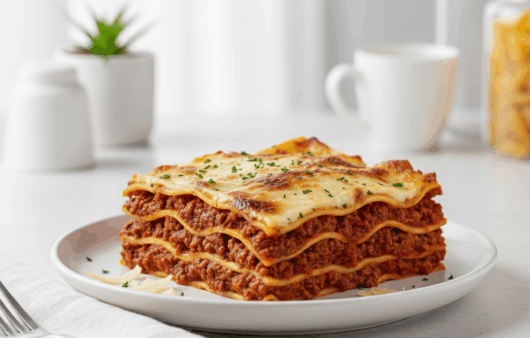 Lasagna clasică cu carne, porționată pe farfurie albă, în bucătărie modernă