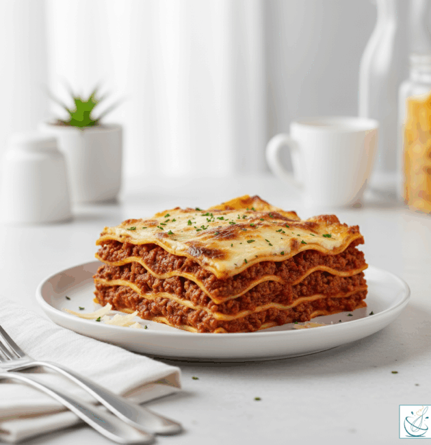 Lasagna clasică cu carne, porționată pe farfurie albă, în bucătărie modernă