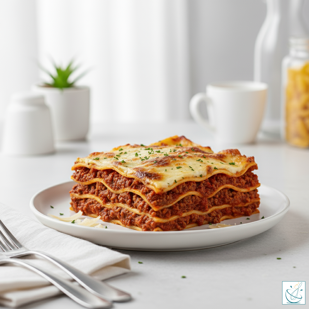 Lasagna clasică cu carne, porționată pe farfurie albă, în bucătărie modernă