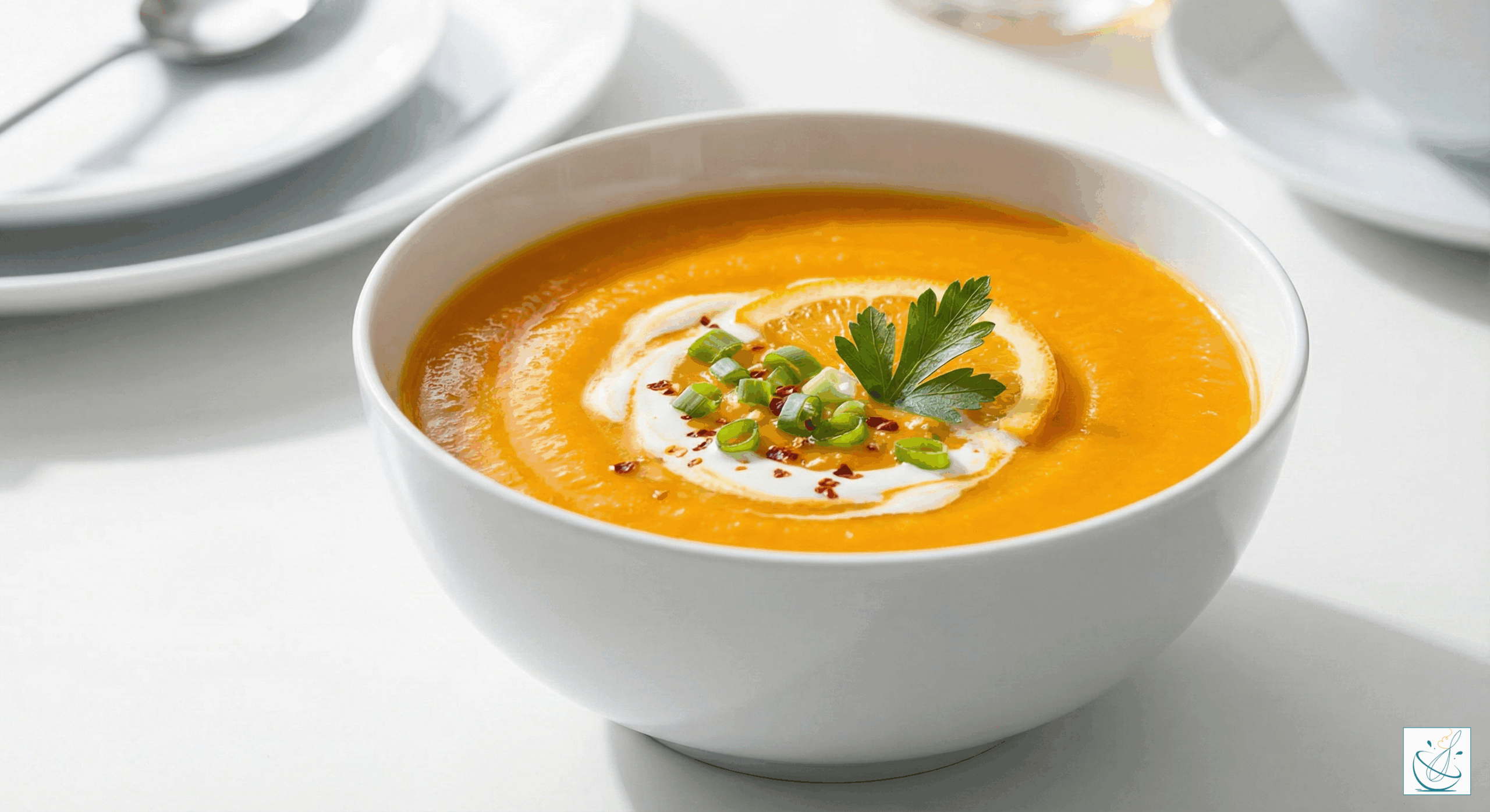 Supă-cremă catifelată de morcovi cu ghimbir și portocală, servită elegant într-un bol alb, pe fundal luminos de bucătărie modernă