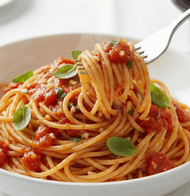Spaghetti pomodoro servite într-o farfurie albă, sos roșu vibrant, fundal modern blurat.