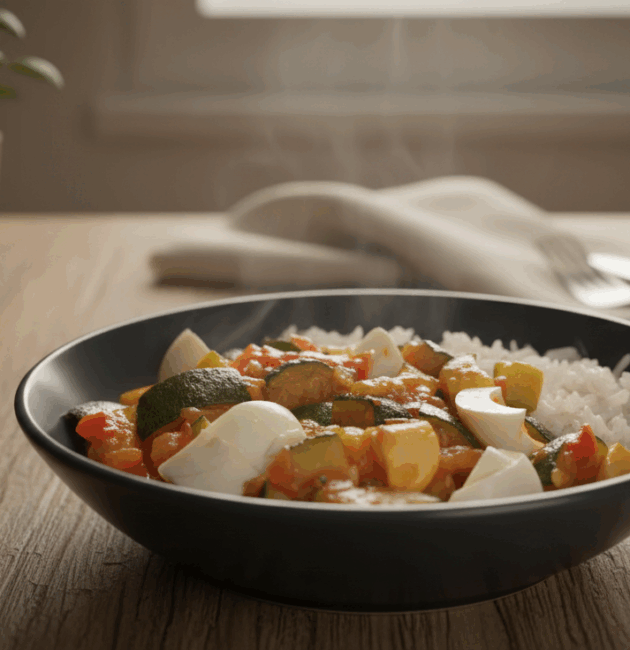 Tocăniță de zucchini cu ouă fierte, servită cu o porție de orez alb într-un bol modern, pe o masă luminoasă, stil minimalist