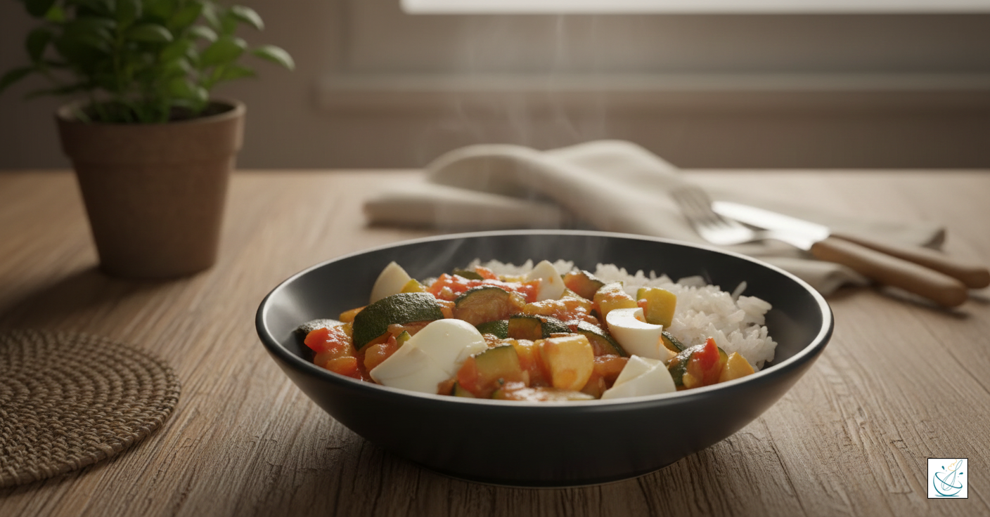 Tocăniță de zucchini cu ouă fierte, servită cu o porție de orez alb într-un bol modern, pe o masă luminoasă, stil minimalist