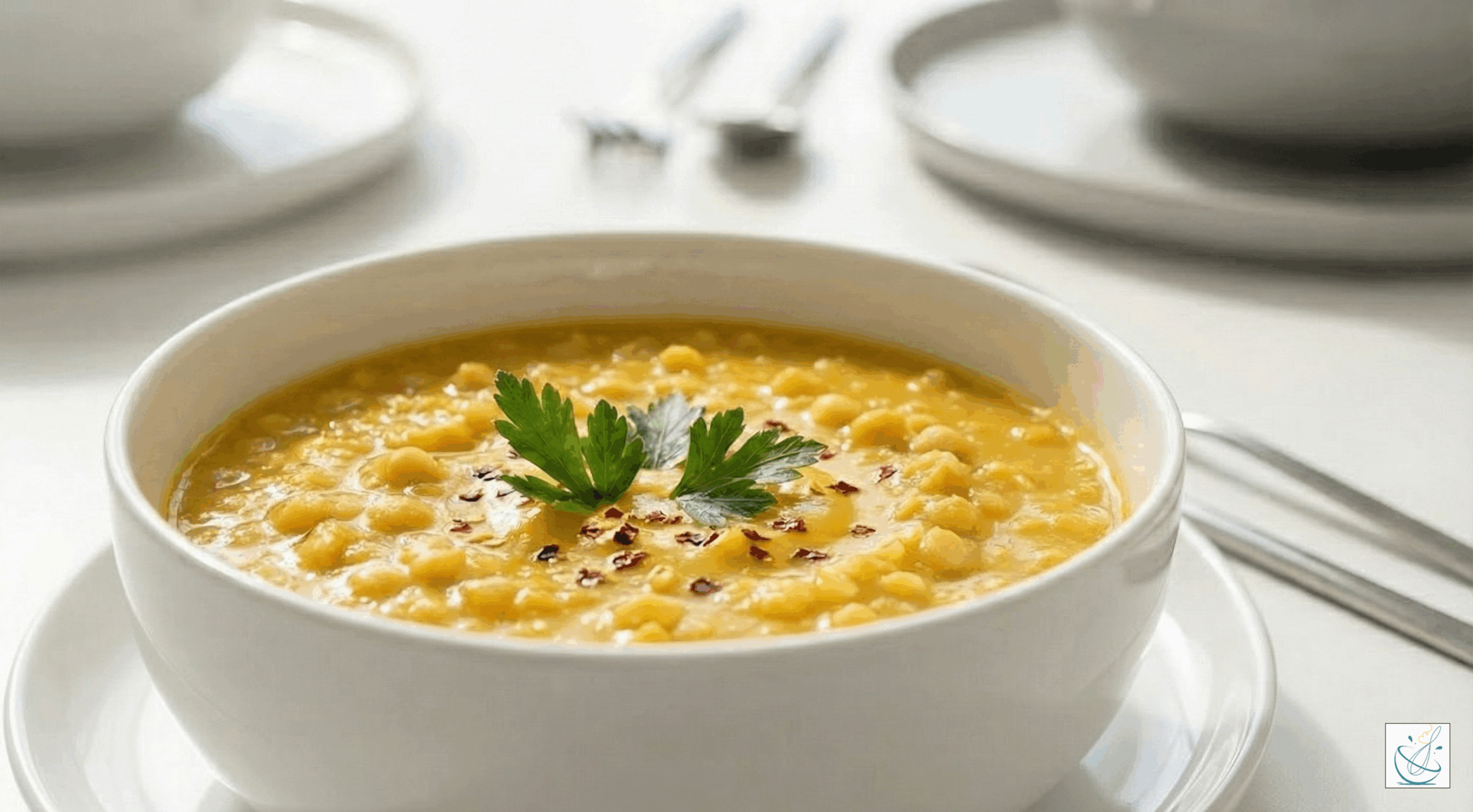 Mâncare de mazăre galbenă cremoasă, servită într-un bol alb, în bucătărie modernă