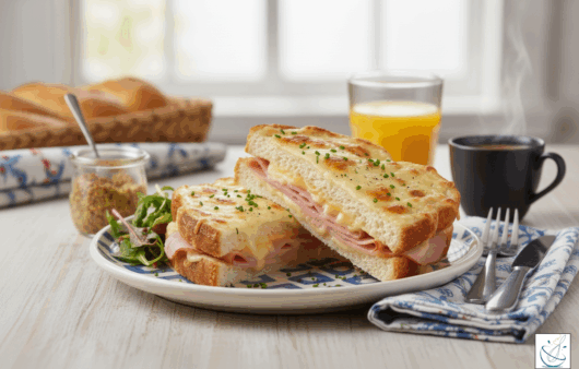 Croque Monsieur gratinat, servit pe farfurie albă, în bucătărie modernă luminată natural