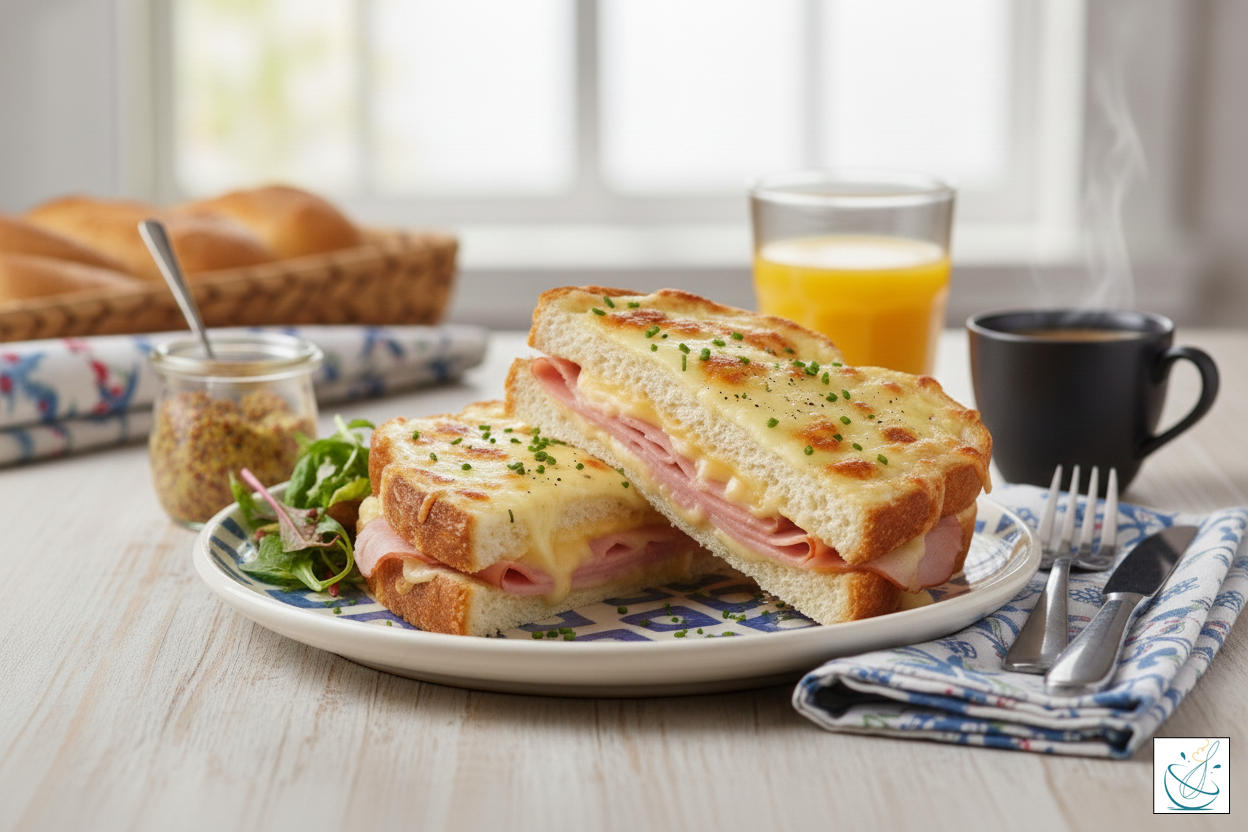 Croque Monsieur gratinat, servit pe farfurie albă, în bucătărie modernă luminată natural