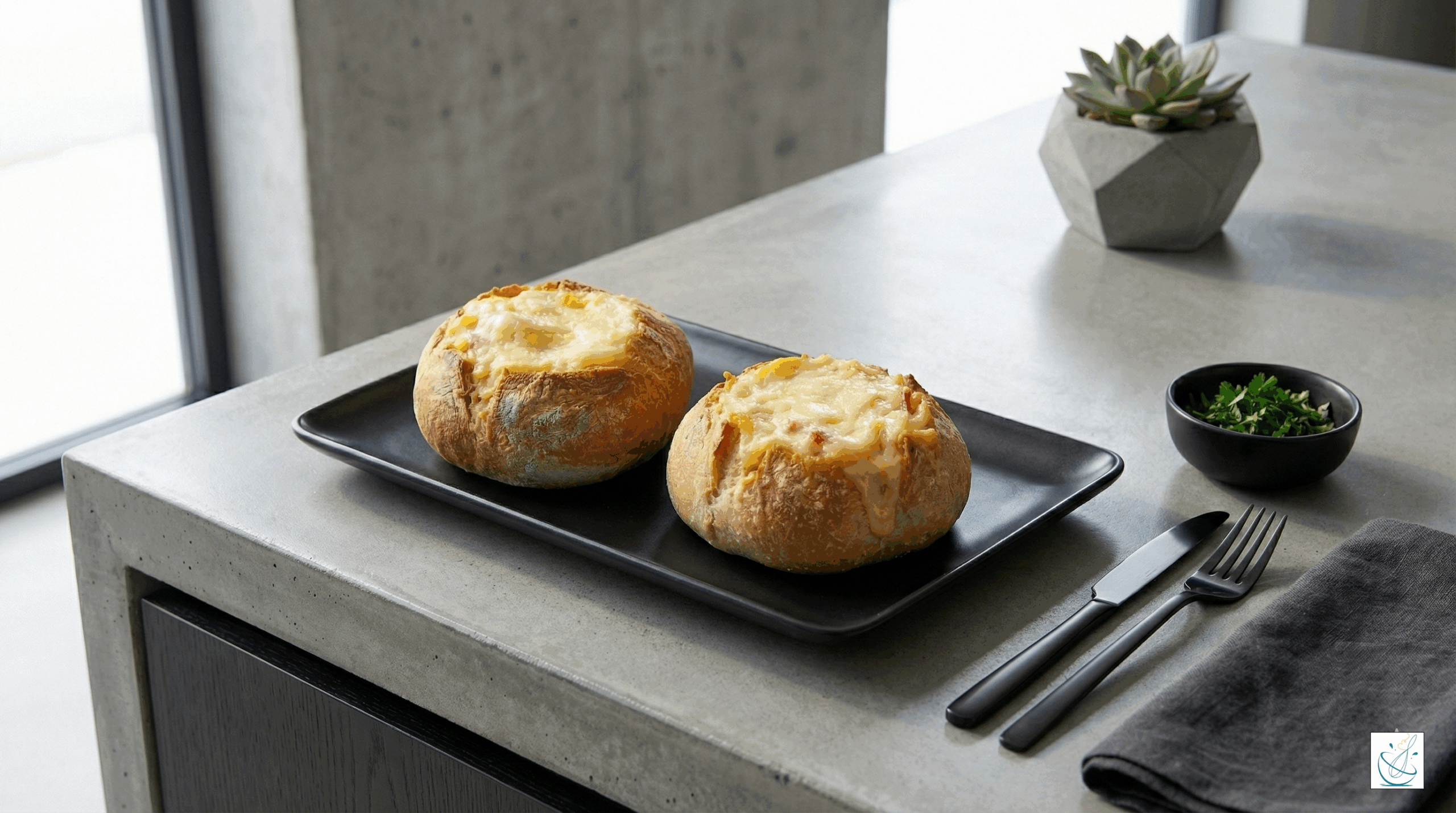 Două chifle umplute cu compoziție sărată (salam, ou fiert, ceapă roșie, castraveți murați și smântână), cu brânză rasă topită deasupra, așezate pe o farfurie neagră.