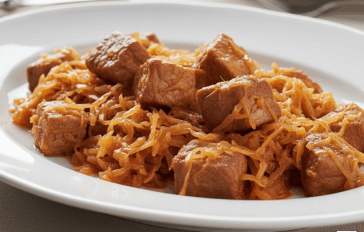 Varză murată călită cu bucăți de carne de porc rumenită, servită pe un platou alb.