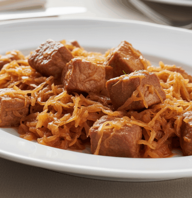 Varză murată călită cu bucăți de carne de porc rumenită, servită pe un platou alb.