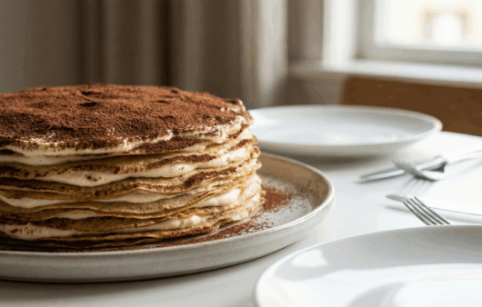 Tort din clătite cu straturi de cremă de mascarpone și cacao, fotografiat din unghi lateral