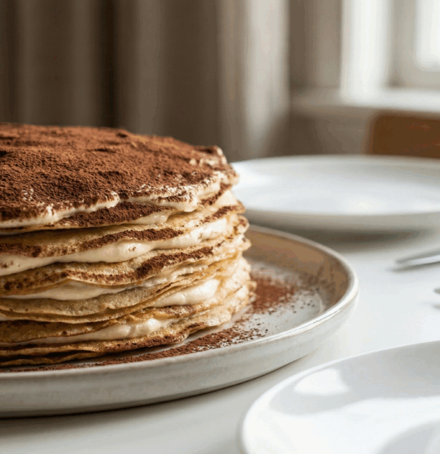 Tort din clătite cu straturi de cremă de mascarpone și cacao, fotografiat din unghi lateral