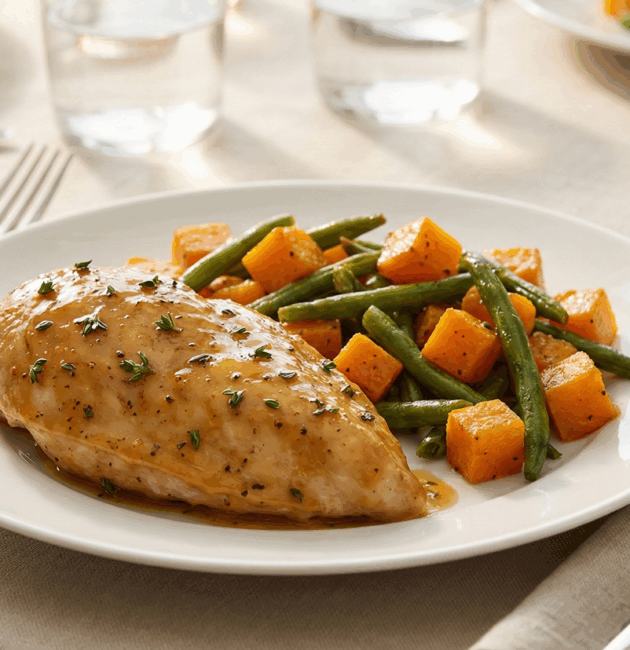 Piept de pui copt lent cu miere și muștar, servit cu dovleac și fasole verde