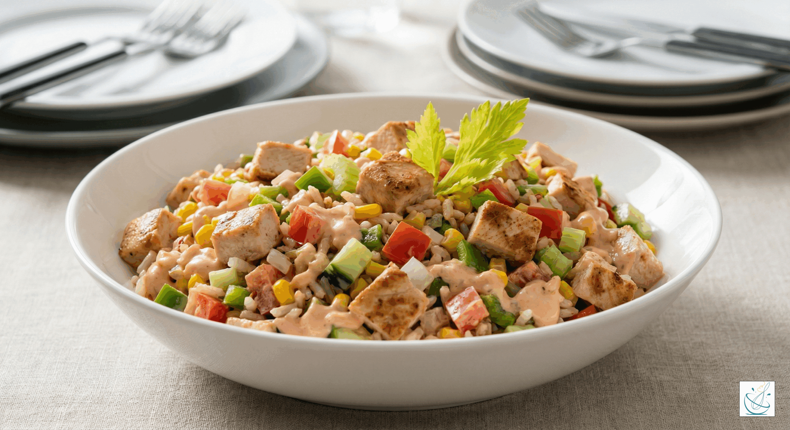 Salată de pui cu bucăți rumenite, orez, porumb, ardei, roșii și țelină, amestecate cu sos cremos Thousand Island, servită într-un bol alb