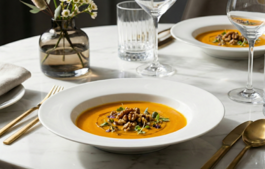 Supă cremă de dovleac plăcintar cu mere și portocală, servită elegant cu nuci caramelizate