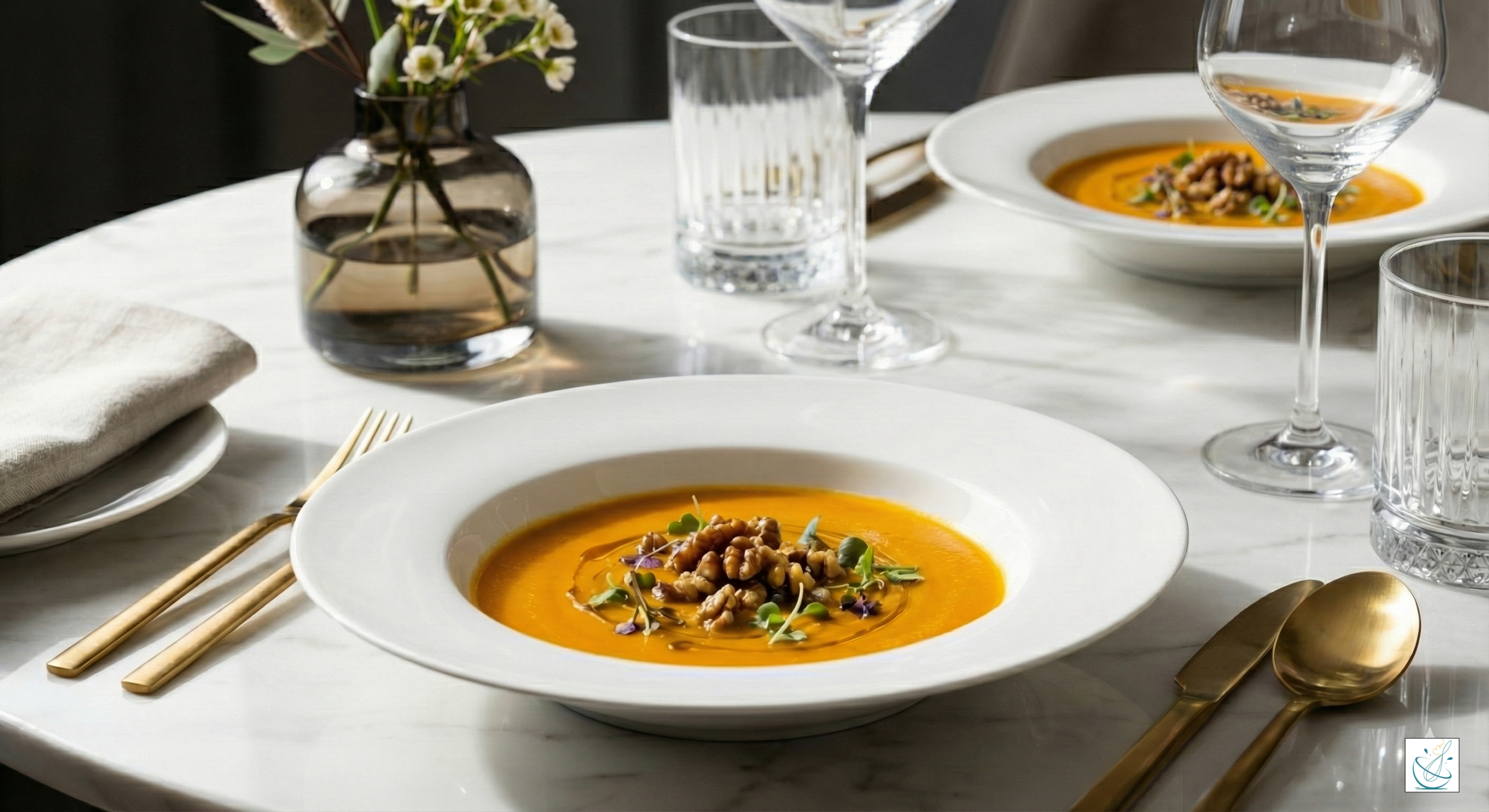 Supă cremă de dovleac plăcintar cu mere și portocală, servită elegant cu nuci caramelizate