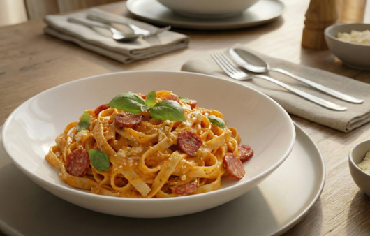 Tagliatelle cu sos cremos de dovleac plăcintar, brânză feta sfărâmată, felii de cârnați rumeniți și busuioc proaspăt, servite într-o farfurie albă adâncă.