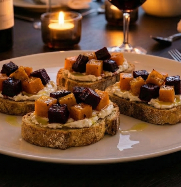 Patru bruschette din ciabatta cu brânză de capră cremoasă, cubulețe de dovleac plăcintar copt și sfeclă roșie, servite pe o farfurie albă mare.