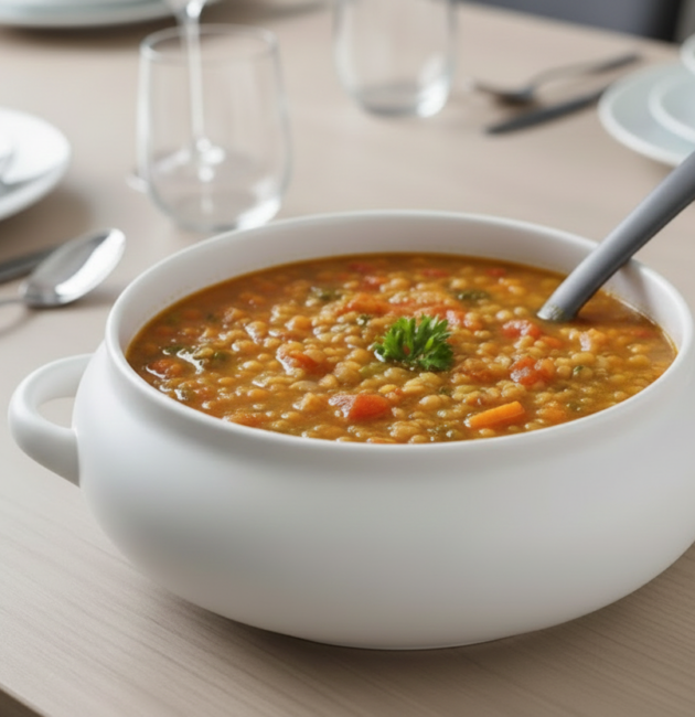 Un bol mare, alb, cu toarte, plin cu supă densă de linte roșie și legume, decorată cu pătrunjel proaspăt, așezat pe o masă de lemn deschis într-un decor modern.