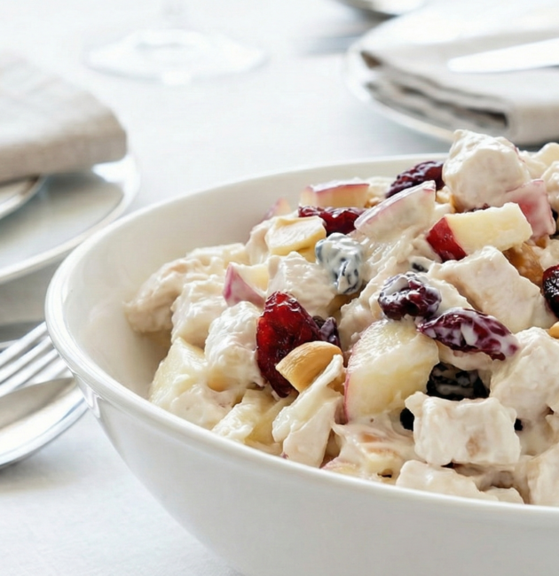 O salată bogată de pui cu iaurt grecesc, cu merișoare roșii, felii de măr și nuci, servită într-un bol alb adânc pe o masă elegantă cu decor minimalist.