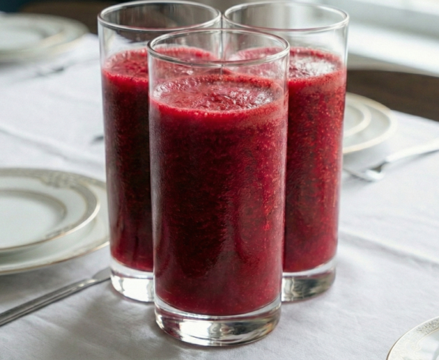 Trei pahare înalte, cilindrice, pline cu un smoothie dens de culoare roșu-purpuriu intens, așezate pe o masă cu față de masă albă și veselă elegantă.