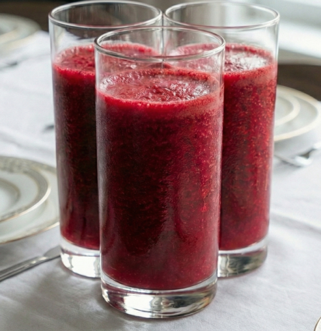 Trei pahare înalte, cilindrice, pline cu un smoothie dens de culoare roșu-purpuriu intens, așezate pe o masă cu față de masă albă și veselă elegantă.