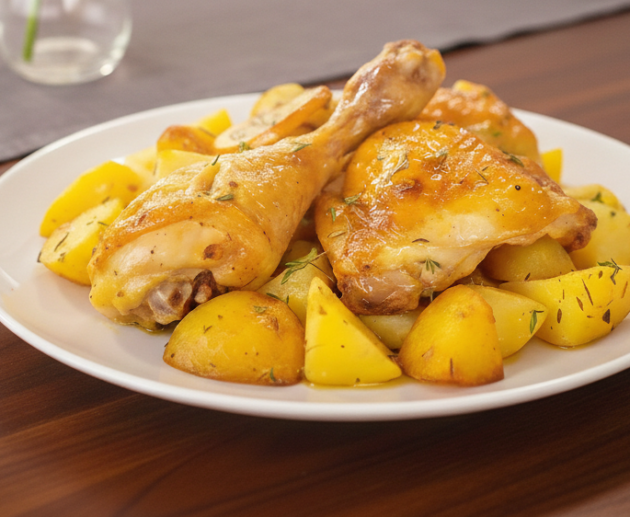 Un prim-plan cu pulpe de pui rumenite și cartofi aurii asezonați cu ierburi, serviți pe o farfurie albă, evidențiind textura suculentă și crusta crocantă.