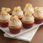 Șase brioșe cu ovăz așezate pe un platou alb rectangular, decorate cu spirale bogate de cremă, pudră de scorțișoară și felii subțiri de măr.