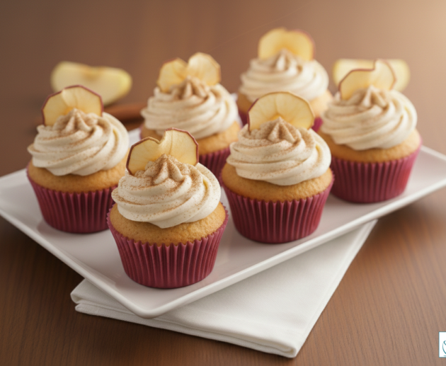 Șase brioșe cu ovăz așezate pe un platou alb rectangular, decorate cu spirale bogate de cremă, pudră de scorțișoară și felii subțiri de măr.