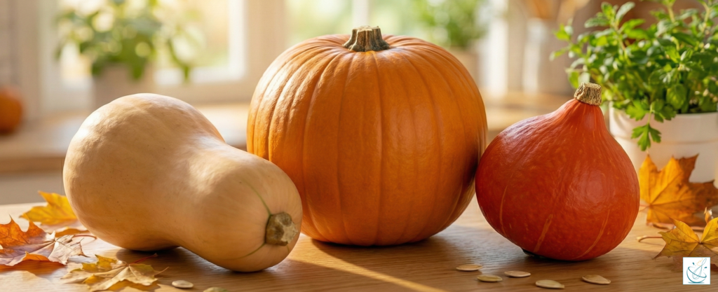 Trei varietăți de dovleac pe o masă de lemn: un dovleac Butternut bej în formă de pară, un dovleac clasic mare portocaliu și un dovleac Hokkaido mic de un roșu-portocaliu intens.