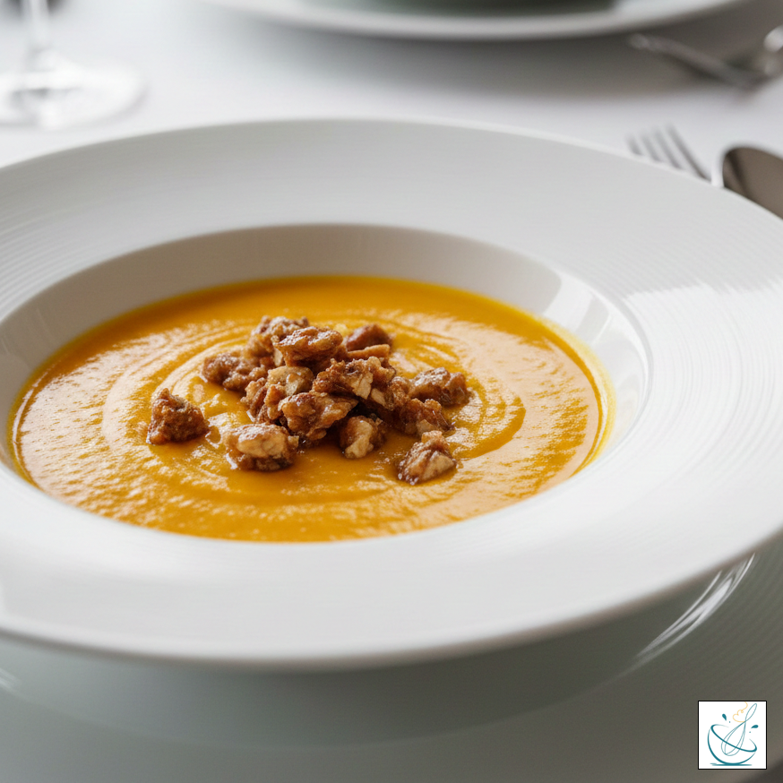 Supă cremă fină de dovleac, de un portocaliu intens, servită într-o farfurie albă elegantă și decorată central cu un topping generos de nuci caramelizate și crocante.