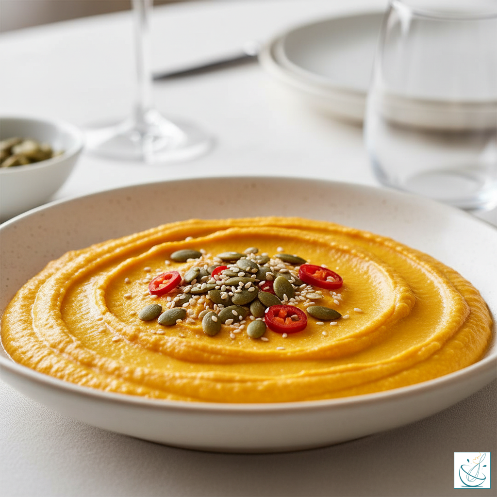 Un bol cu hummus de dovleac de un galben-portocaliu intens, decorat cu semințe de dovleac verzi, semințe de susan și rondele de ardei iute roșu.